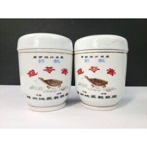 Vtg White Asian Ceramic Jar Lidded Spices Condiment Taiwan Turtle decor Set of 2